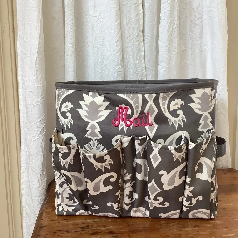 Initials Inc Gray White Paisley Pink Embroidery MAIL Tote Basket